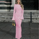 Pink Long Sleeve Floral Design Maxi Dress-Outfit