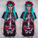 Toloer 022 Spot 2024 Halloween Women's Cosplay Party Dress Skull Print Short Sleeved Dress-Outfit