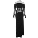 2025 New Women's Temperament Sexy Shoulder Mesh Perspective Long Dress Dress
