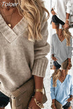 Long Knitted Autumn Women Oversize Sweater Winter V Neck Blue Thick Knit Pullover Sleeve White Warm Sweaters
