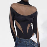 Hottie Style 2025 Autumn New Fashion Mesh Perspective Splicing Long-Sleeved Jumpsuit Pantyhose Female