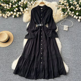 Court Retro Elegant Dress Women's Collar Horn Sleeves To Close Single Buckle Lace Splicing Large Swing