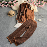 Toloer Suit Female Casual Temperament V Collar Waist Belt Knit Cardigan Jacket Three Piece Set High Waist Wide Leg
