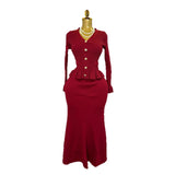 Thousand Gold Wind Senior Feeling Sister Suit Female Autumn Horn Sleeve Knitted Blouse + High-Waisted Fish Tail Half-Body