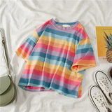 New casual crop top loose rainbow striped O-neck short-sleeved t-shirt female y2k tops cloth Harajuku clothes anime t