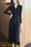 Korean Vintage V-Neck Single-breasted Long Sleeve Elasticity Midi Dress Women Casual Bodycon Skinny Knitted Ruffle