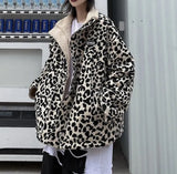 Leopard Print Women Fleece Jackets Motorcycle Jacket Faux Lamb Fur Kawaii Coat Teddy Fur Coat Fleece Parkas Cropped