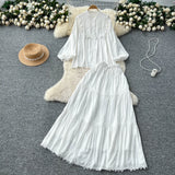 Temperament Set Female Court Vintage Lace Spliced Lantern Sleeve Single-Button Shirt High-Waisted