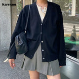 Women Knitting Cardigans Casual Spring 2022 V-neck Long Sleeve Daily Solid Mujer Sweaters Single Breasted Black