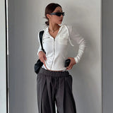Toloer Simple Casual Niche Solid Color Pocket Hooded T-Shirt Slim Zipper Thread Show Slim Cardigan Top-Outfit