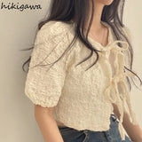 Blusas De Mujer Sweet Blouse for Women Bandage V-neck Puff Sleeve Folds Shirts Crop Tops Summer Fashion Chic Blouses