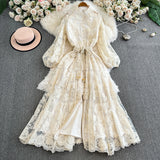 Stand-Up Single Buckle Heavy Industry Hook Flower Embroidery Lantern Sleeve With A Long Dress With A Big