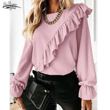 and Autumn Long Sleeve Ruffles Blouse Women Tops Loose Chiffon Shirt 2022 Korean Office O-neck Solid Fashion Blouse