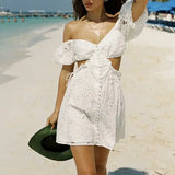 Spring Fashion New Sexy Hot Girl Collar Bubble Cuffed Embroidery Short Dress