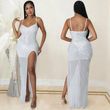 Nightclub Hot Drill Sexy Sling Mesh Perspective Irregular Slit Dress Dress-Outfit