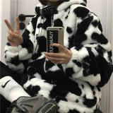Winter Women Fleece Jackets Furry Teddy Coat Women Harajuku Milk Cow Print Faux Fur Jacket Vintage Hip Hop Warm