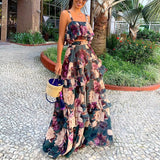 Toloer Spot 2024 Women's Fashion Holiday Wind Strap Top Print Flounce Skirt Two-Piece Set-Outfit