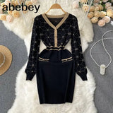 Women Korean Knitted Dress Long Sleeve V Neck Elastic Slim Pencil Dresses 2022 Autumn Sexy Bodycon Bottons Sweater