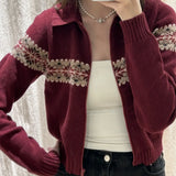 Vintage Polo Collar Zip Up Knit Cardigan-Outfit