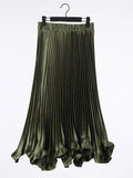 Satin Pleated Ruffles Midi Skirt-Outfit