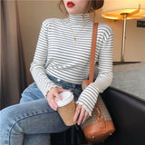 Toloer Half High Collar Striped Long Sleeve T-Shirt Bottom Shirt Women's New Autumn Ins Slim Wood Ear Inside The