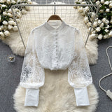 Retro Style Advanced Bubble Sleeve Shirt Autumn Net Embroidery Design Light Extravagant Socialite Temperament Blouse-Outfit