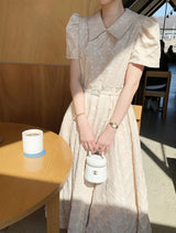 Toloer Chic Summer Age Reduction Doll Collar Bow Jacquard Waist Show Thin Bubble Sleeve Dress With Belt Woman-Outfit - Apricot / One Size
