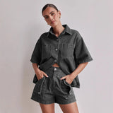 Summer Women's Casual Retro Loose Shirt Denim Shorts Set