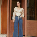 Retro Palace Style Waist Slimming Blouses Women Clothing Spring Temperament Bubble Sleeves Sweet Short Shirt Women Tops-Outfit
