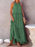Women Solid Long Dresses Summer Casual Loose Sleeveless Hollow Tie-Up Dress Female Beach Party Ruffle Maxi Dresses Elegant
