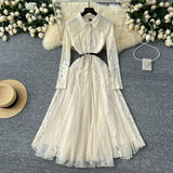 Retro Elegant Dress Women Winter High Hook Lace Splicing Mesh Yarn Irregular Knee