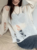 White Long Sleeve Distressed Knit Top-Outfit