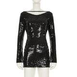 Black Sequin Openback Long Sleeve Mini Dress-Outfit