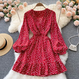 Women French Print Dress Long Sleeve V Neck A-line Ruffles Dresses 2022 Autumn Bohemian Casual Vacation Short