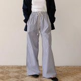 Women Y2K Aesthetic Wide-Leg Pants Stripe Drawstring High Elastic Waist Trousers Spring Fall Retro Sweatpants Bottoms-Outfit