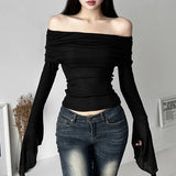 Toloer Summer Women's Solid Color Slim Fashion Temperament A Word Collar Sexy Back Long-Sleeved T-Shirt-Outfit