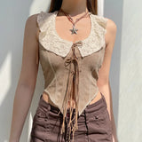 Toloer Ancient Lace Lace Stitching With Open Back Strap Vest 2023 New Tribal Style Design Top-Outfit