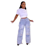 Hot Women's New Retro Casual Hole-Breaking Workwear Wide-Legged Multi-Bag