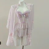 New Mesh Yarn Flower Sweet Embroidered Pyjamas With Chest Cushions Dyed Skinny Pyjamas