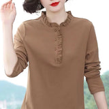 2023 New T-shirt Loose Large Short Sleeve Women's Blouse Solid Color Button Folds O-Neck Casual Fashion Tops-Outfit