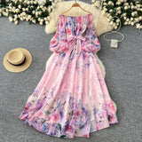 Spring Holiday Style Dress Woman 2025 New Shoulder Strapped Belt Waist Lantern Sleeve Print Chiffon Long