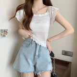 Edge French Style Collar Short Sleeve Small Knitted T-Shirt Girl Summer Sweet Niche Care Machine Short