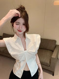 Sleeveless Shirts Women French Style Chic Elegant Turn Down Collar Split Summer Fashion Blouse Sexy Ladies Crop Tops-Outfit