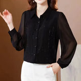 for Women Elegant 2023 Spring Summer Turn-down Collar Long Sleeve Solid Chiffon Button Shirt Casual Fashion Tops-Outfit