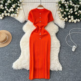 Style Temperament Knitting New High-End Collar Single Buckle Short Sleeve Slimming French Style Long
