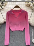 Autumn Knitted Women Short T Shirt Lapel V Neck Slim Long Sleeve Sweater Top Fashion Streerwear Short Solid