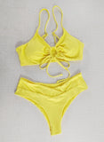 Toloer New Multi-Color Pure Color Lace Hanging Neck Bow Split Swimsuit Women's Feel