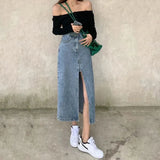 Toloer 2024 New Vintage High-Waisted Denim Skirt Female Medium Long A-Line Hip Fishtail Skirt-Outfit