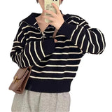 Version Lapel Striped Head Sweater Female Qiu Dong New Loose Long Sleeve Versatile Fashion Short Jacket Female-Outfit