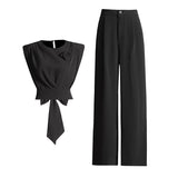 Toloer Commuter Style Formal Sense Suit 2024 Autumn New Round Collar Bow Splicing Jacket Waist Trousers Women-Outfit